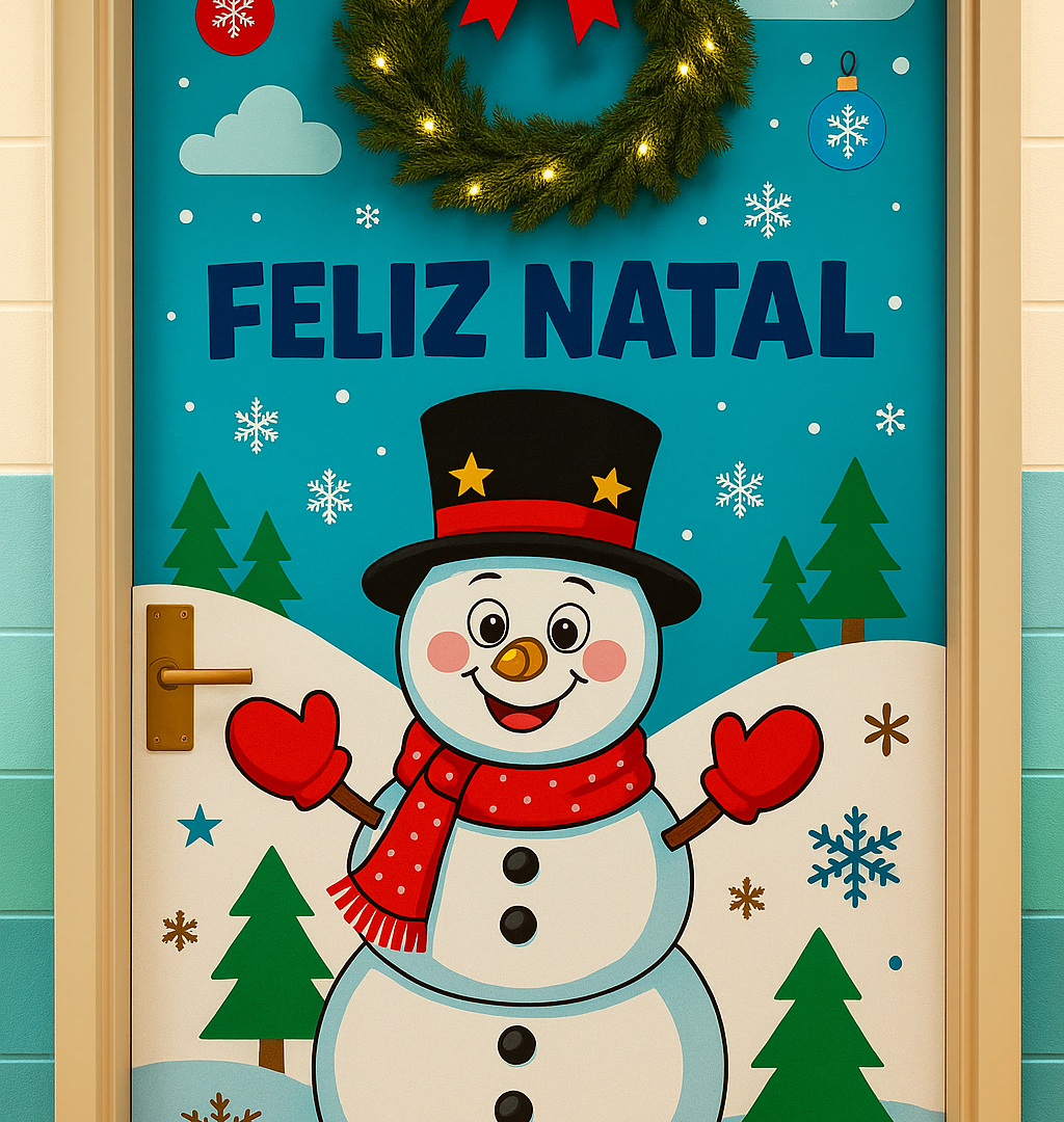 Painel de Porta Natalino – Boneco de neve Feliz!