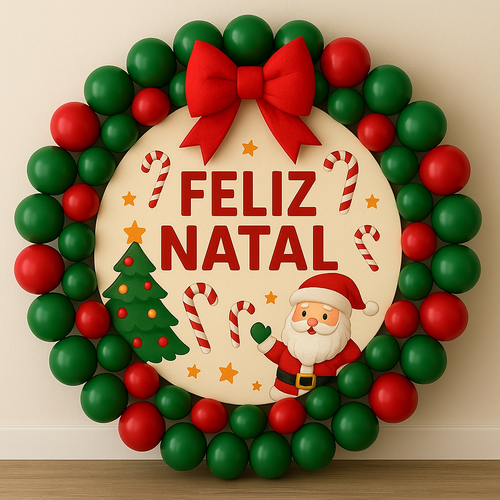 Painel redondo “Feliz Natal  – Arco de Balões”