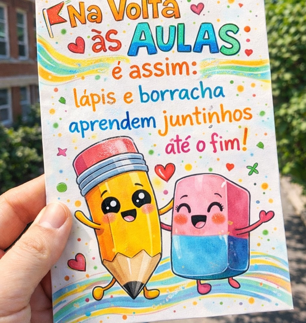 Cartão Volta às Aulas – Lápis e Borracha Juntinhos Até o Fim!