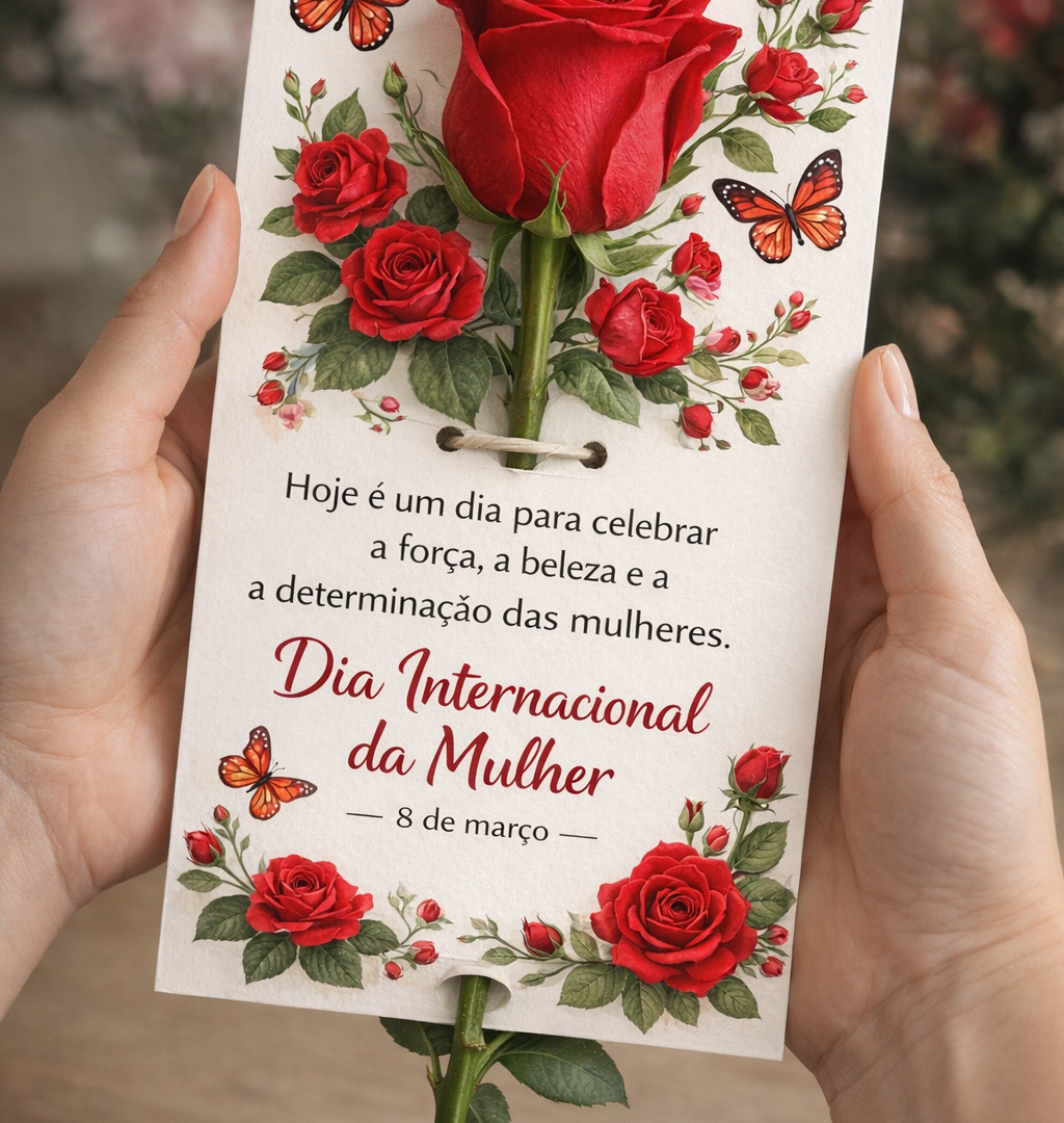Cartão Dia Internacional da Mulher – Interativo com Rosa