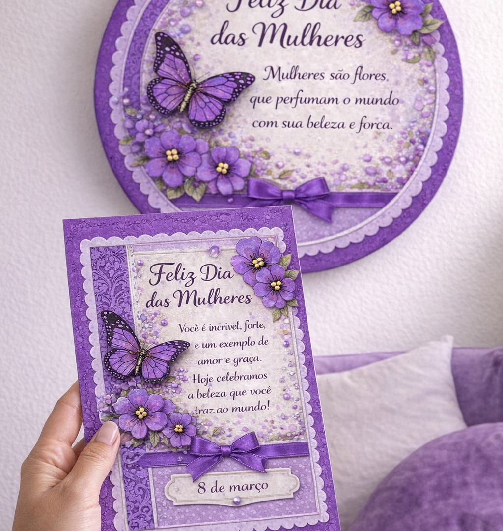KIT DIA DAS MULHERES – PAINEL + CARTÃO (Roxo com Borboletas)