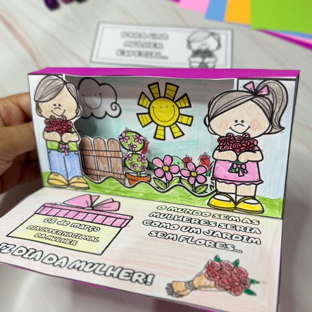Cartão Jardim 3D para trabalhar o tema Dia Internacional das Mulheres