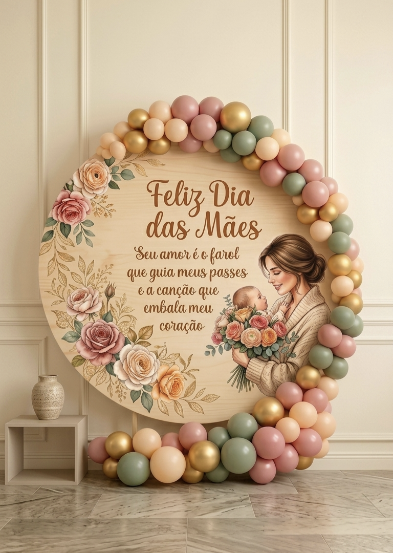 PAINEL REDONDO DIA DAS MÃES COM ARCO DE BALÕES