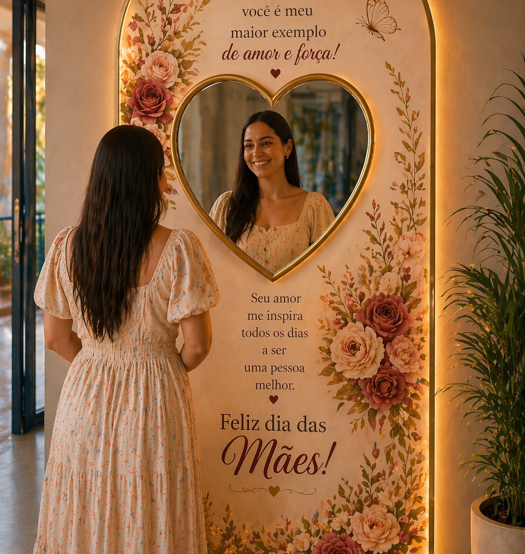 PAINEL DIA DAS MÃES COM ESPELHO FORMATO CORAÇÃO