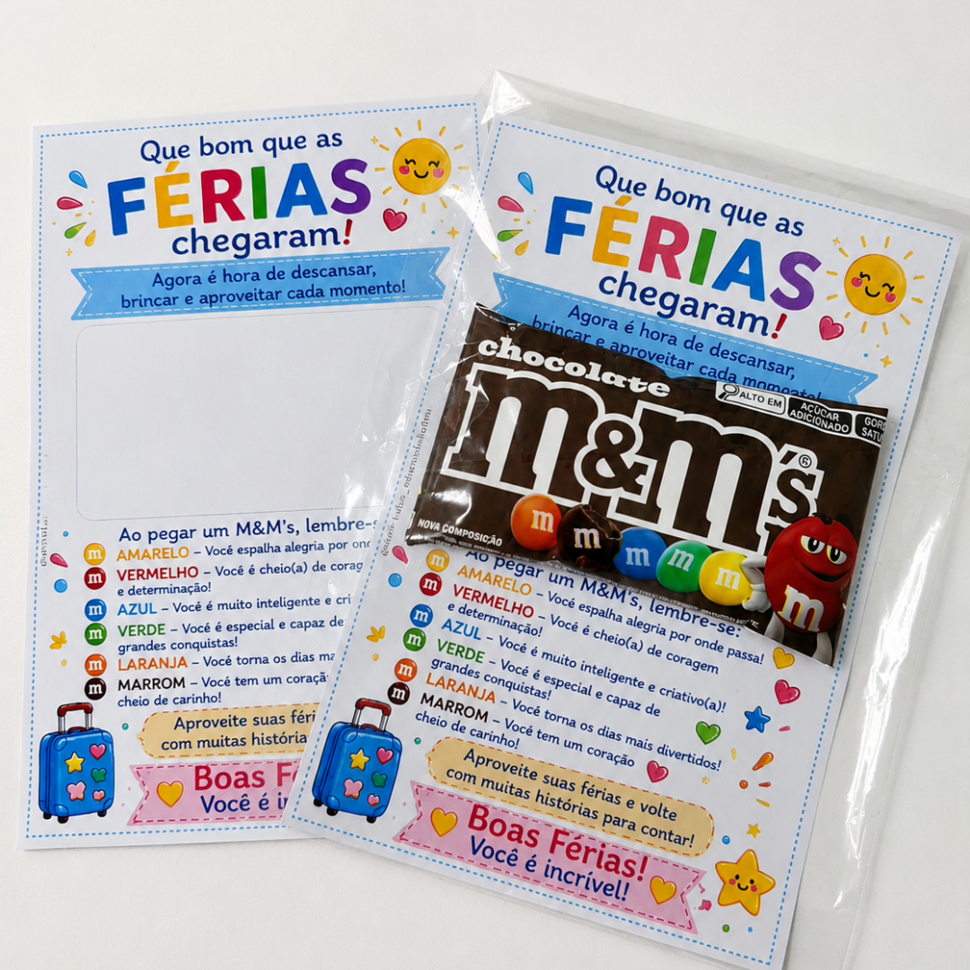 CARTÃO BOAS FÉRIAS COM M&M'S – UM MIMO CHEIO DE CARINHO!