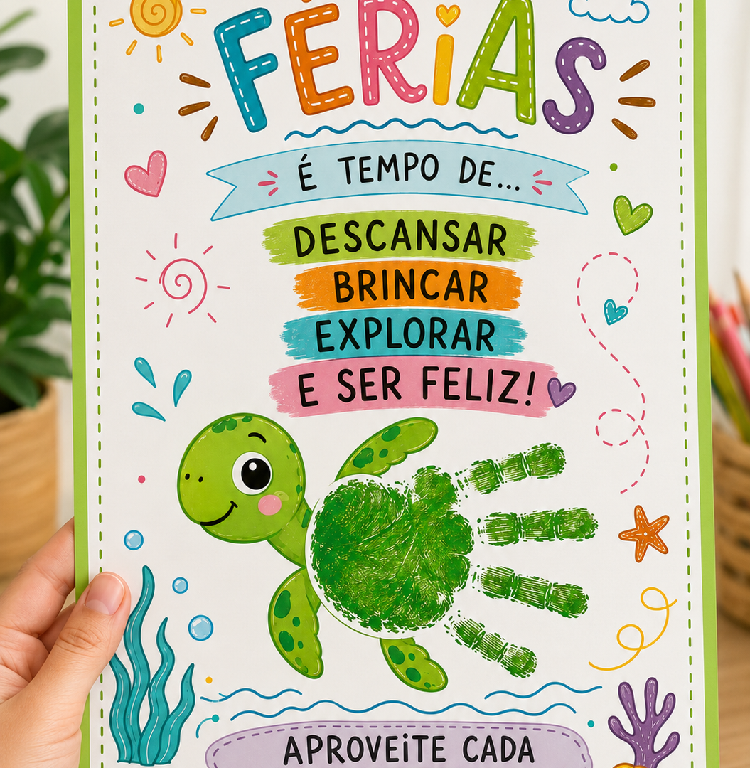 🐢🌈 TARTARUGUINHA DAS FÉRIAS – CARIMBO DA MÃOZINHA 🖐️💚