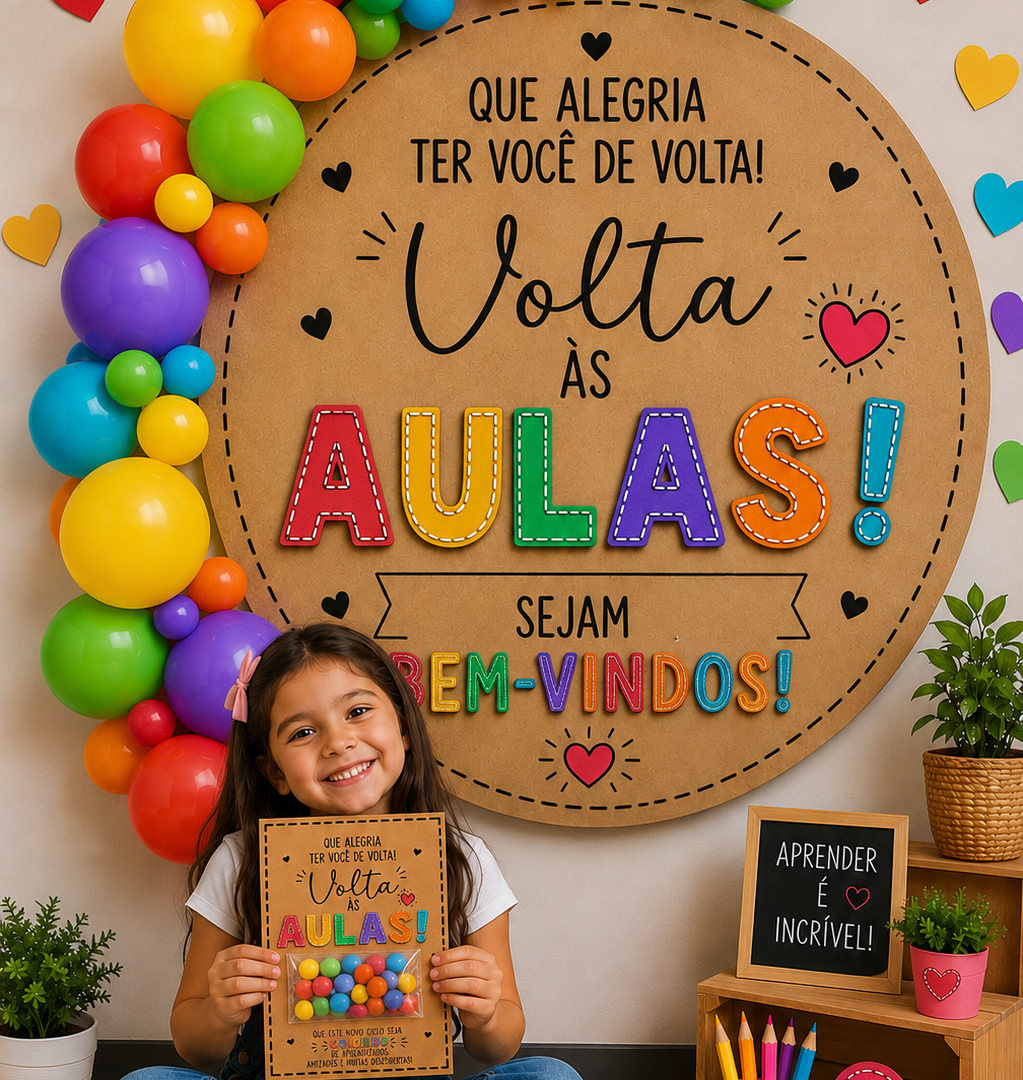 KIT VOLTA ÀS AULAS – PAINEL + CARTÃO COM M&M'S