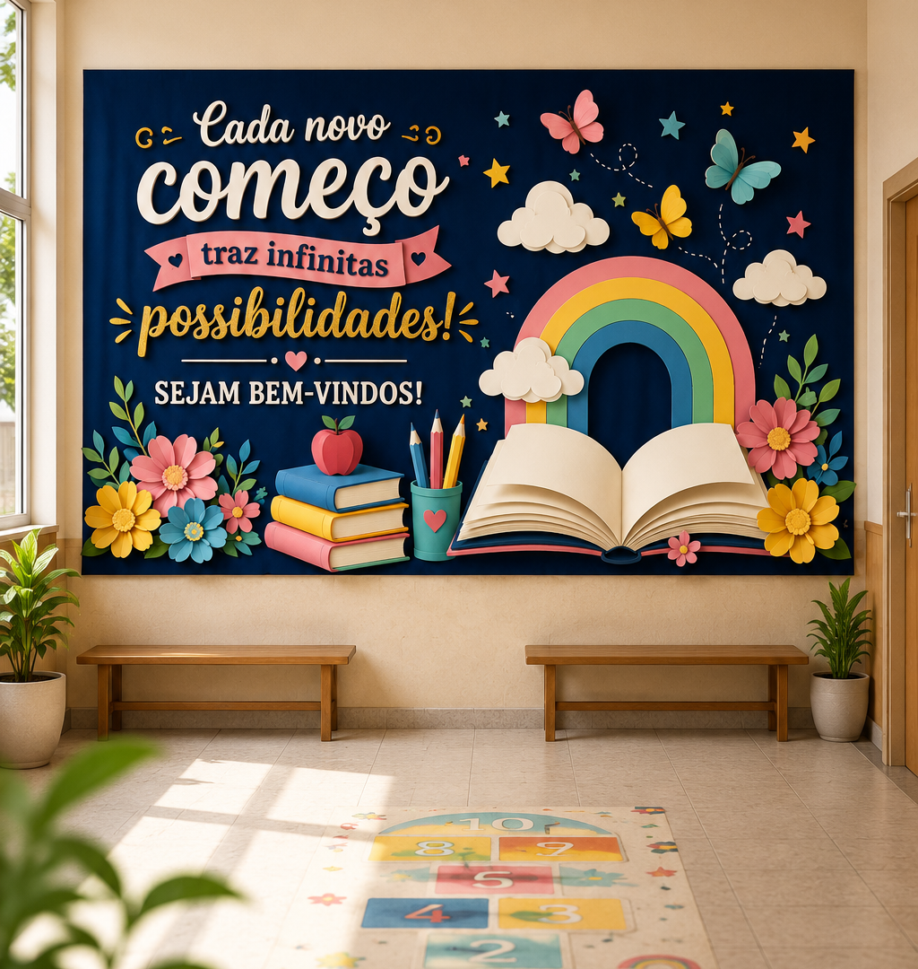 Painel Volta às Aulas Premium 3D  – Cada Novo Começo