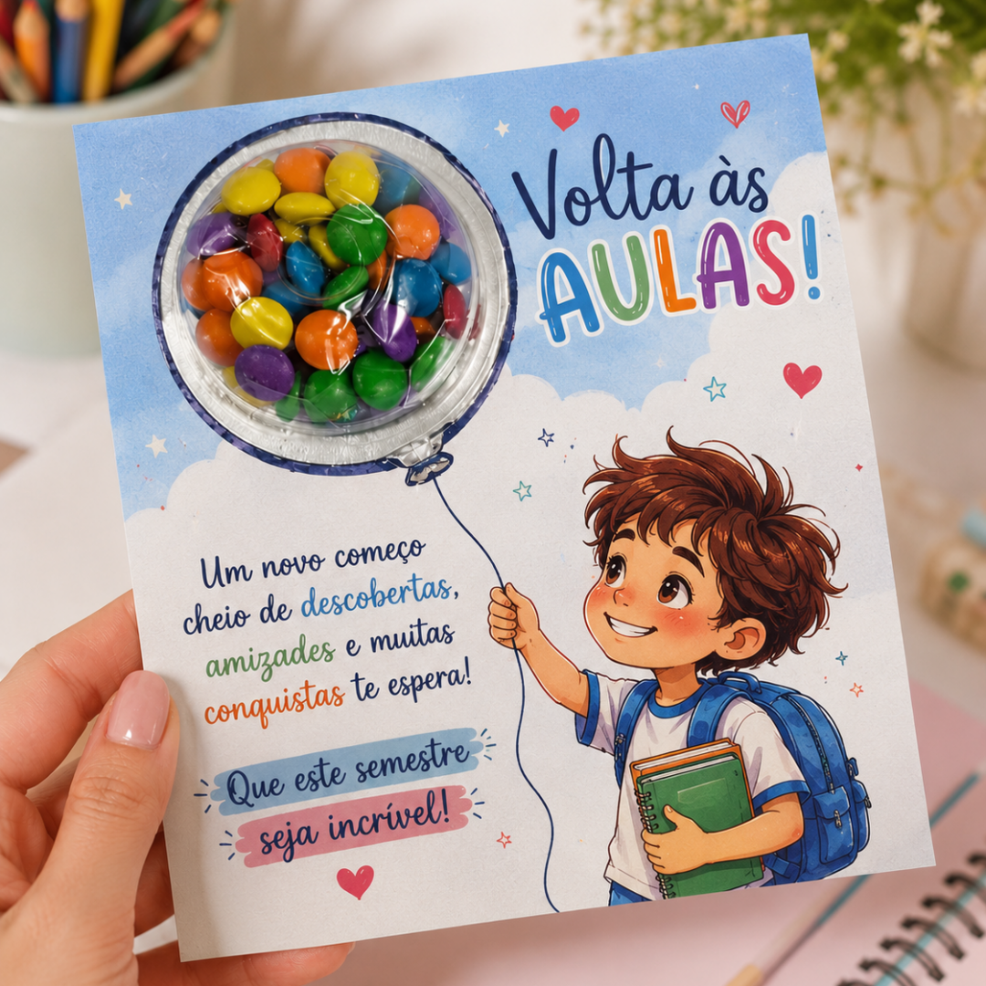 CARTÃO INTERATIVO VOLTA ÀS AULAS – BALÃO SURPRESA (MENINA E MENINO)
