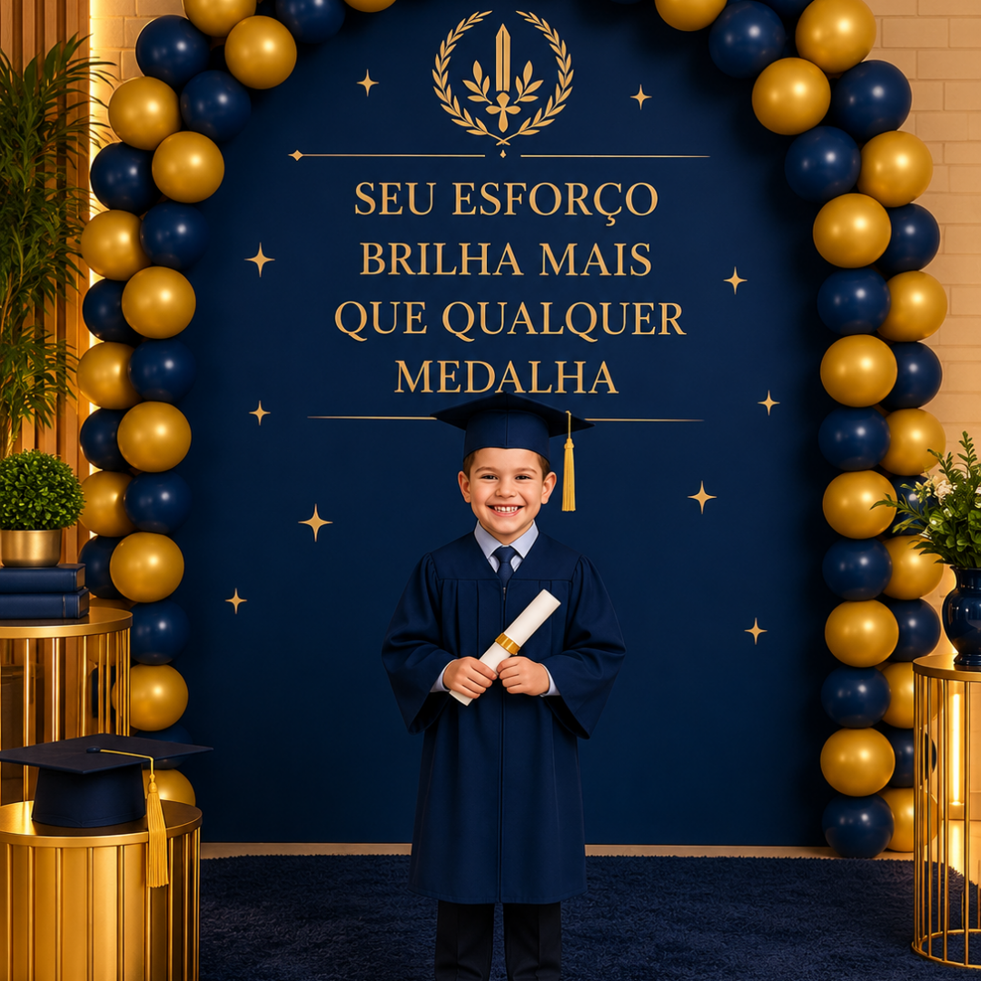 Painel de Formatura Azul-Marinho e Dourado – Seu Esforço Brilha Mais