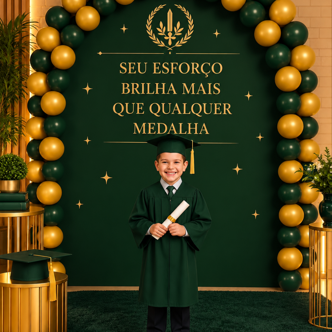 Painel de Formatura Verde-Musgo e Dourado – Seu Esforço Brilha Mais